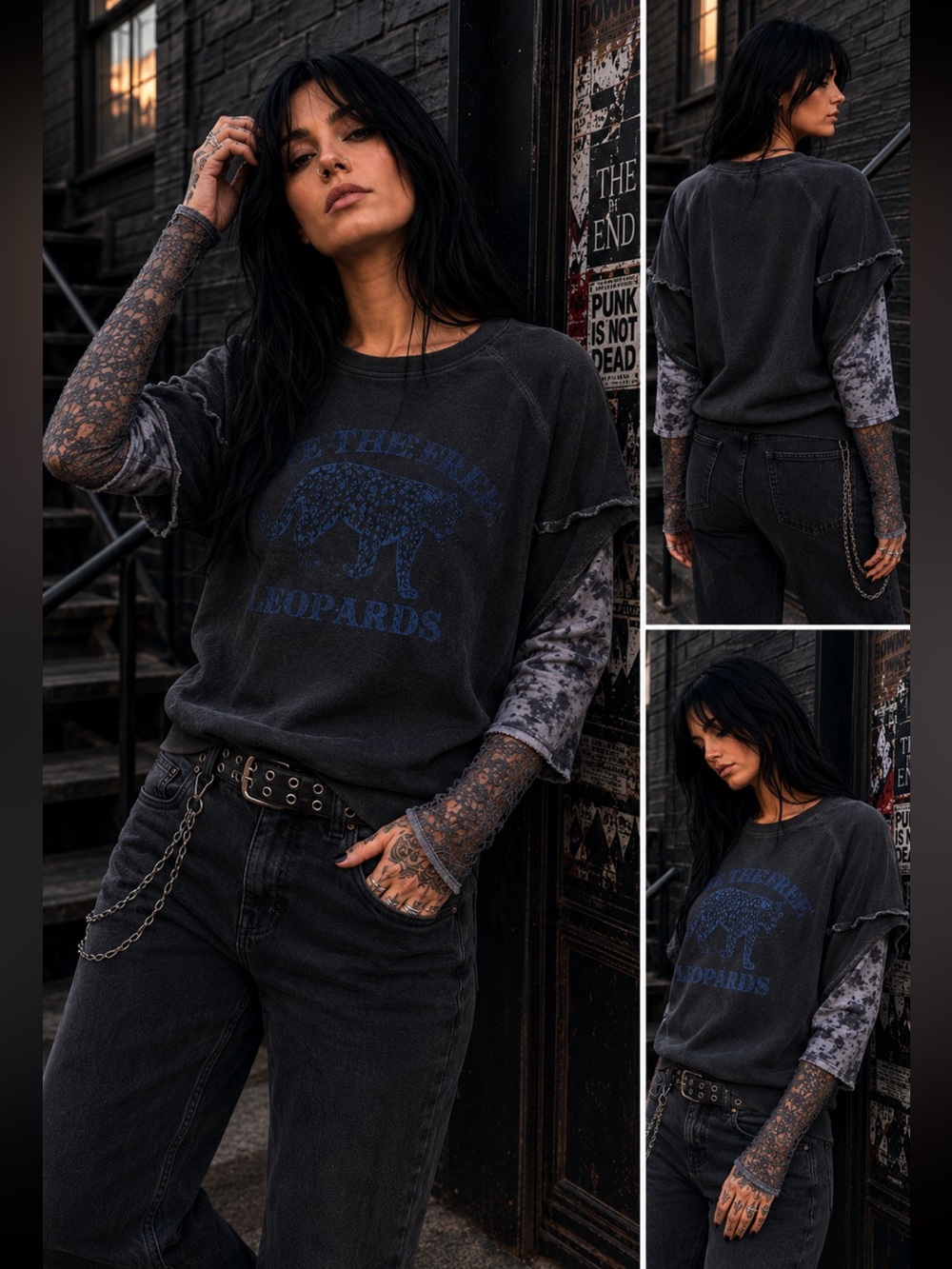 🎸🖤 Free People Luther Pullover Sweatshirt Medium Leopard Lace Sleeve Rocker 🖤🎸